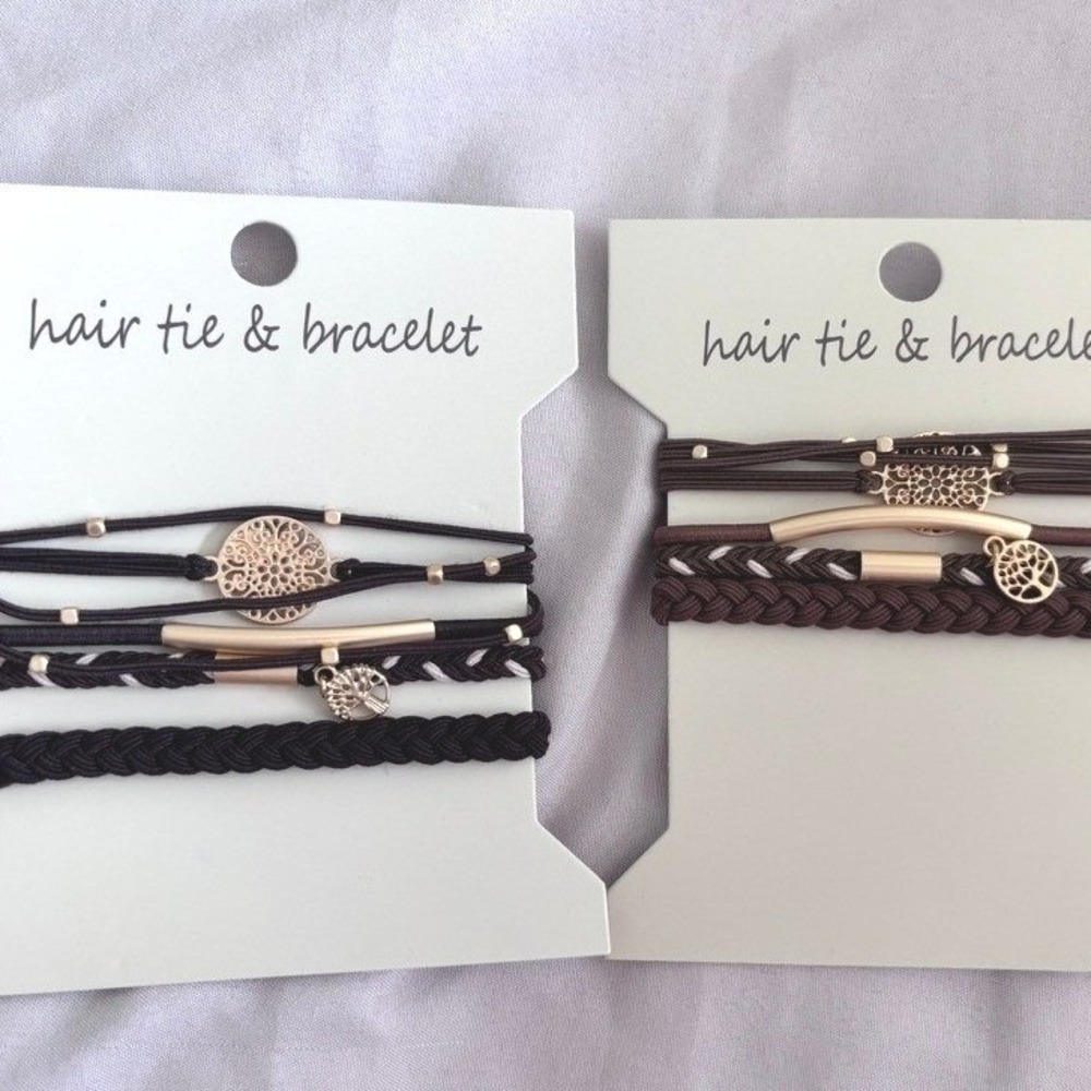 Boho Hair‎ Tie Bracelet Set Brown Black Gold Tree of Life Mandala 2pk